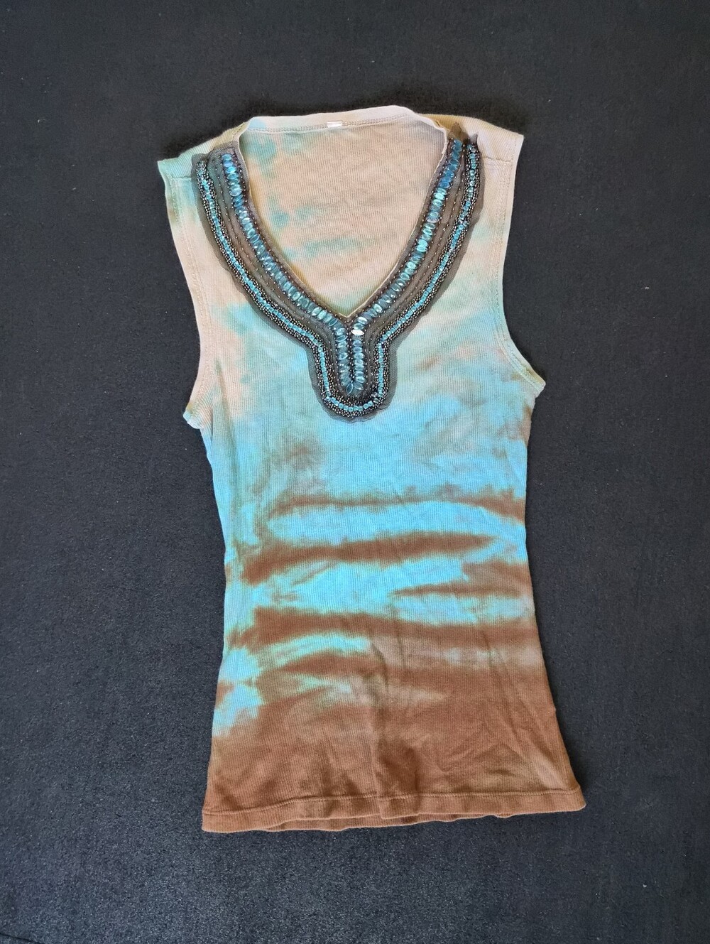 Y2k Beaded V-Neck Tie-Dye Sleeveless Top - Aqua & Brown Boho Tank Top